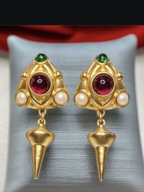18k Gold Plated Etruscan Byzantine Mogul Glass Cabochon Pearl Spiked Earrings